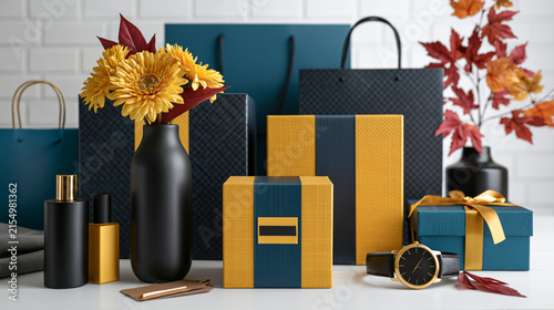 Sophisticated luxury retail display with premium packaging and shopping accessories on seamless white background, wide banner composition, studio lighting,, with a focus on magnificent aesthetics and