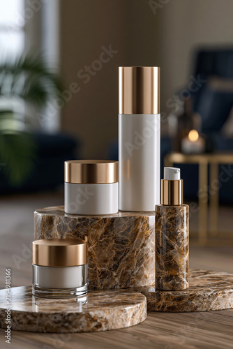 Scenic and perfectly framed perspective of sophisticated cosmetic bottles displayed on polished stone discs with elegant soft reflections, warm neutral tones, premium advertising quality,