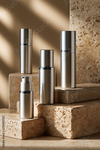 Sophisticated display of blank luxury skincare bottles arranged on layered travertine podiums, seamless ivory background, soft diffused studio lighting, elegant shadows, generous copy space,, rendered