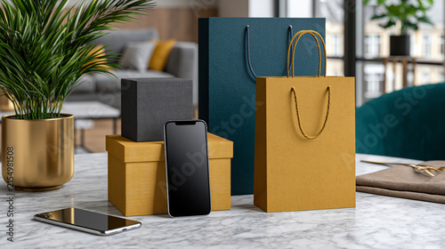 Captivating and dynamic shot highlighting upscale shopping bags and luxury boxes beside smartphone on marble tabletop, premium retail promotion, wide composition, natural daylight,