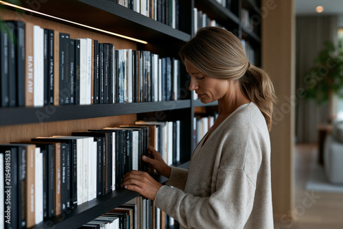 Woman browsing a curated collection of books on floating wall shelves, luxury residential design, warm ambient lighting, advertising-ready composition, showcasing incredible natural beauty and rich