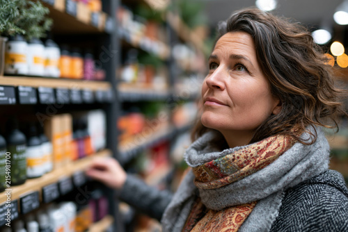 Woman selecting products during a seasonal shopping promotion, organized retail shelves, bright modern atmosphere, advertising-ready composition, with a focus on magnificent aesthetics and quality