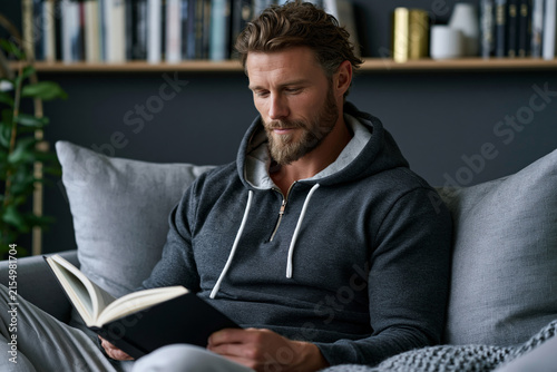 Young adult reading in a stylish living room with floating wall bookshelves, contemporary interior design, natural lighting, premium home furnishing visual, captured with exceptional clarity and