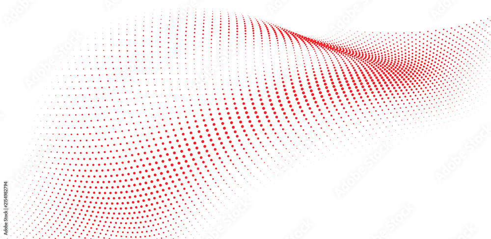 Fototapeta premium Abstract red halftone dot wave background with flowing curves and dynamic futuristic digital pattern