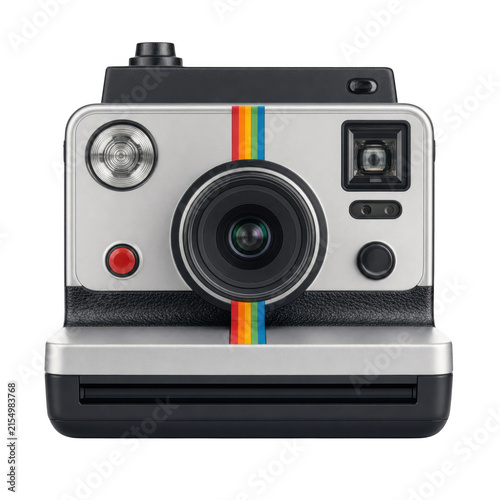 Vintage instant film camera with rainbow stripe as PNG asset isolated on transparent background