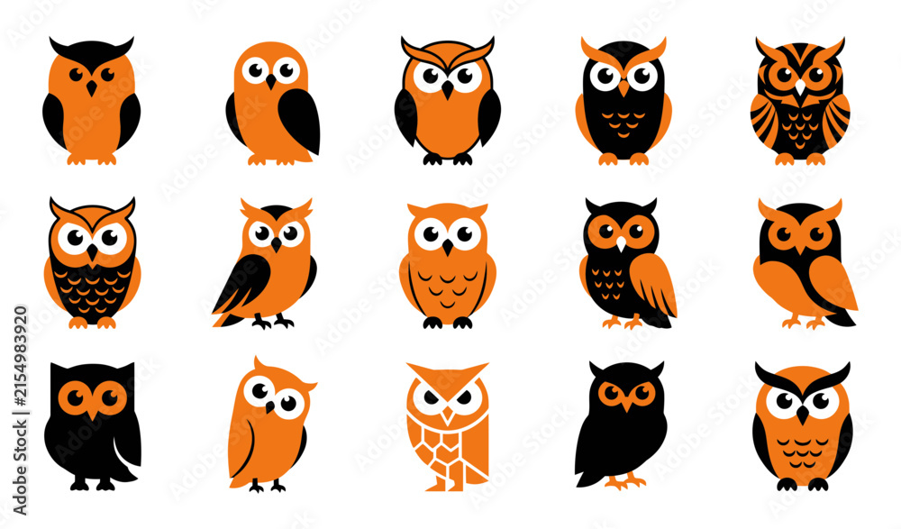Obraz premium A collection of fifteen cute cartoon owl illustrations designed in orange and black colors for a fun and festive halloween holiday celebration