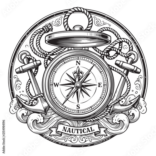 Nautical compass with anchors and waves emblem line art sea life nautical