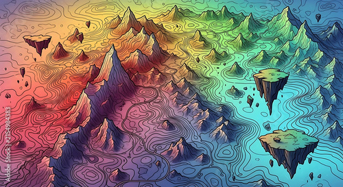 Abstract topographic fantasy landscape with displays stylized topographic
