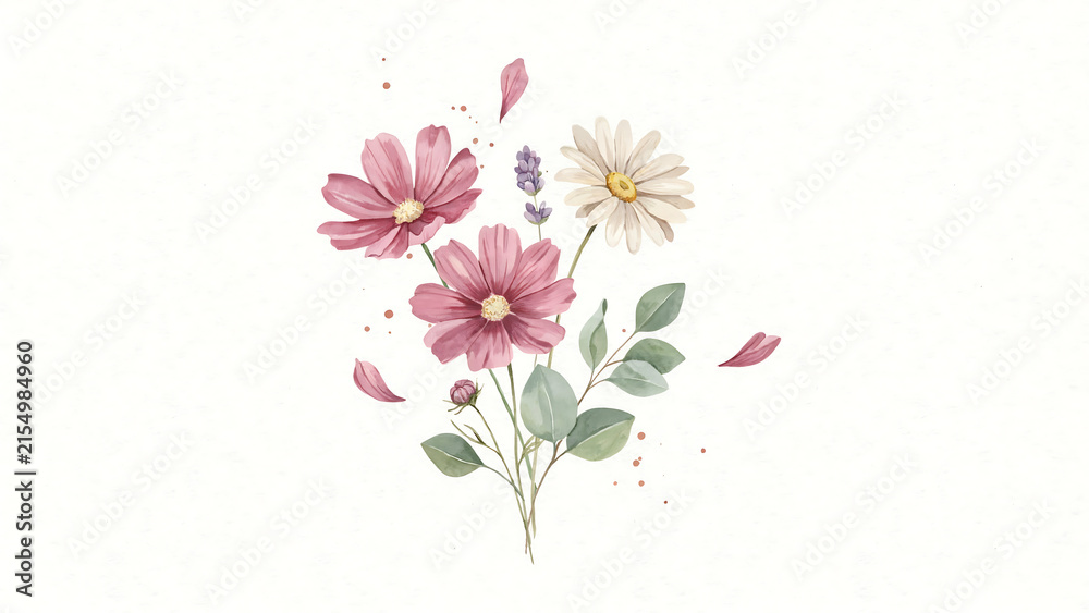 Fototapeta premium Watercolor bouquet of pink cosmos and white daisy flowers isolated on a transparent background