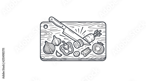 Minimalist line art illustration featuring fresh vegetables prepared on a wooden kitchen cutting