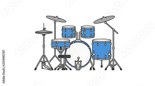 Minimalist blue drum kit illustration featuring standard percussion set components against plain