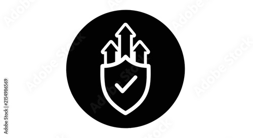 Vector illustration of shield icon with three upward arrows and checkmark inside on a transparent background