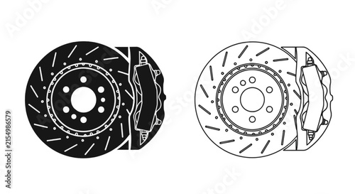 Vector illustration of car brake disc and caliper icon, automotive parts set on a transparent background