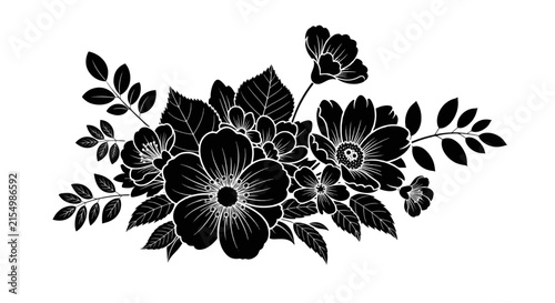 Vector illustration of black and white floral bouquet illustration on a transparent background