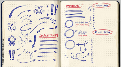 Blue pen scribble and doodle collection. Blue pen lines, arrows and scribbles at grid notebook background. Crayon drawn note doodles for hand drawn diagram, infographic and journaling.