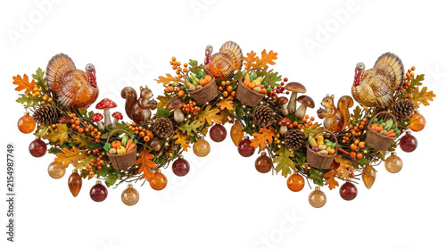 Thanksgiving garland with turkey, pumpkin, autumn leaves, acorn, mushroom, squirrel, berry and harvest baskets on transparent background.