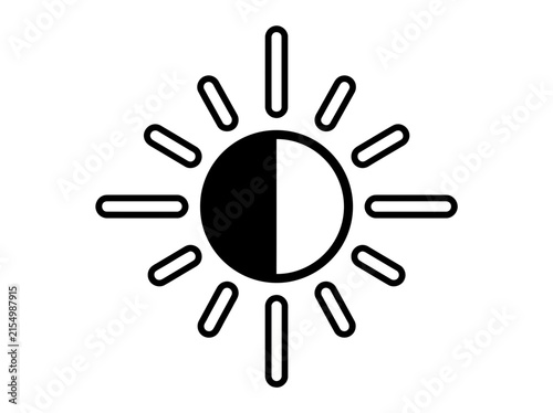 A totally unique sun icon line art with half dark silhouette and half light side line art symbol of brightness or contrast adjustment 