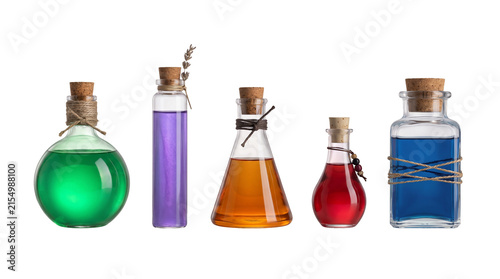 Картината върху платно A collection of five glass bottles filled with colorful magical potions isolated