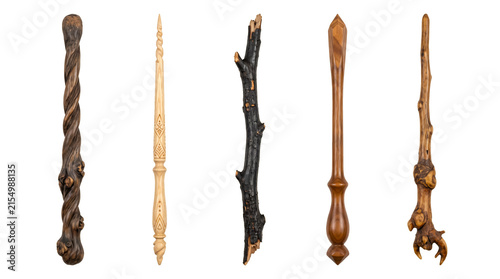 Foto A collection of five unique handcrafted wooden magic wands displayed vertically