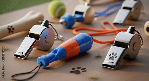 Assorted metal and plastic pet training whistles arranged on a wooden surface