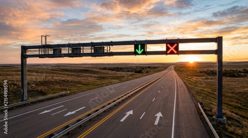 Empty Highway Lane Control Lights During Golden Hour Sunset Journey