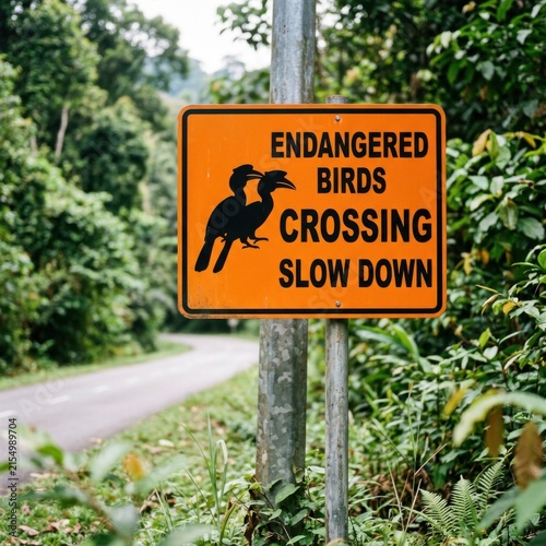 Endangered Birds Crossing Slow Down Warning Sign In Lush Tropical Forest Setting