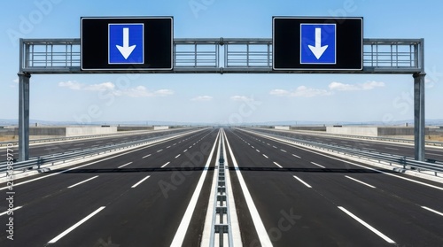 Empty Interstate Highway With Directional Arrow Signs Ahead