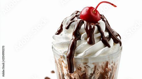Delicious chocolate milkshake with whipped cream, chocolate syrup and a cherry on top isolated on white background