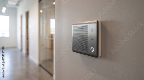 Wall-mounted intercom speaker in modern office hallway  