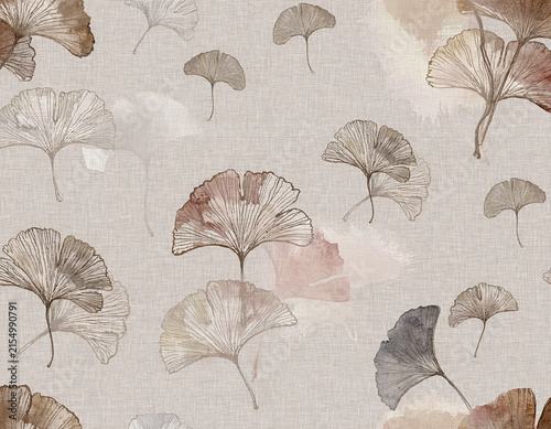 Vintage ginkgo leaf pattern on textured fabric background