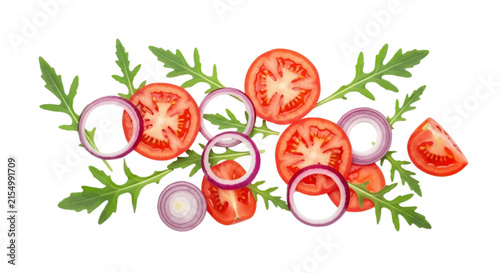 Vector illustration of fresh salad ingredients including tomato slices, onion rings and arugula on a transparent background