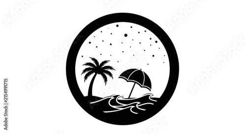 Vector illustration of black and white circular logo with palm tree, beach umbrella and waves on a transparent background