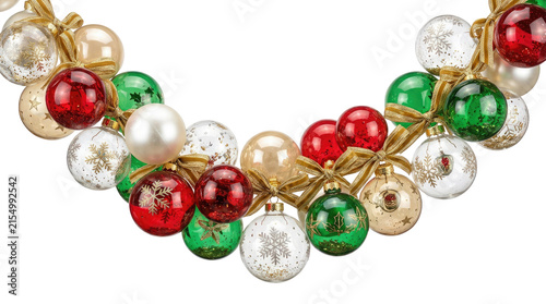 Christmas garland made of red, green, white and gold glass baubles with decorative bows and snowflake patterns, isolated on transparent background.
