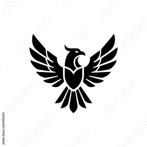 Eagle with Spread Wings Royal Emblem Black Silhouette Logo Isolated on White Background