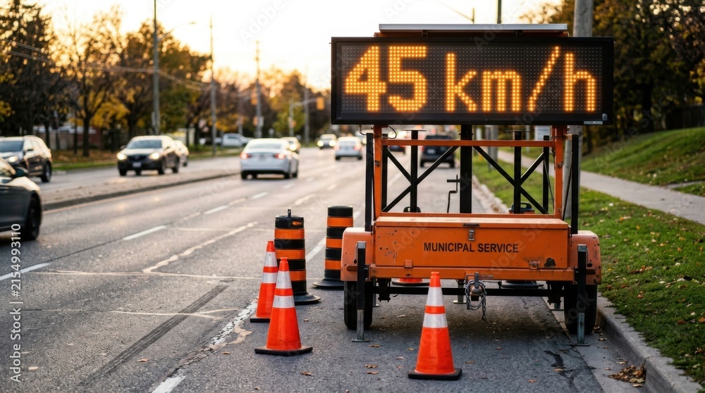 Naklejka premium Dynamic Speed Display Controls Traffic Flow On A Busy Suburban Road