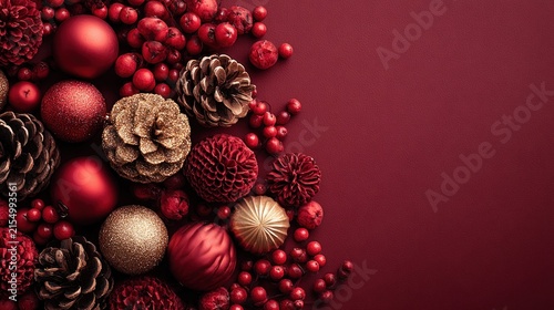 Luxurious red gold christmas decorations flat lay