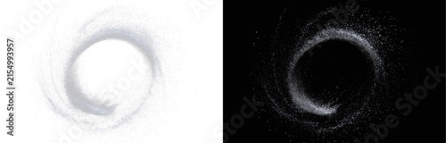 Konstfotografi Abstract silver dust swirl on black background, dynamic powder vortex loop overlay