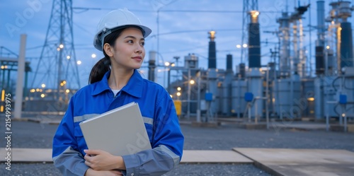 Female electrical engineer holding a folder at a power substation. Young Asian woman worker in a hard hat and blue uniform at dusk. Energy industry and infrastructure concept