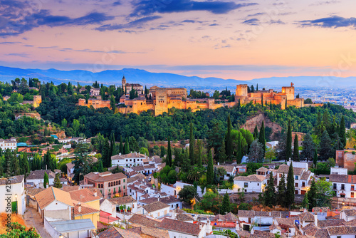 Fotografie Alhambra of Granada, Spain. Alhambra fortress at sunset.