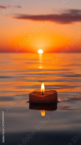 A single lit candle floating gently on calm ocean water during a vibrant golden hour sunset