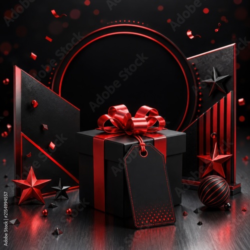 Black gift box with red ribbon and tag on podium surrounded by abstract shapes for luxury product promotions