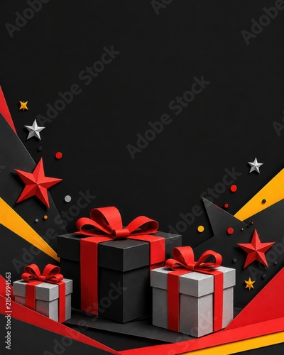 Gift boxes with red ribbons and decorative stars on black background for holiday shopping sales event