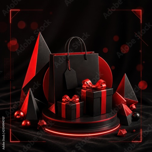 Black shopping bag and gift boxes on circular podium with red neon frame for premium sales events
