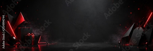 Wide black friday banner with shopping bags and gift boxes on dark ground for ecommerce promotion