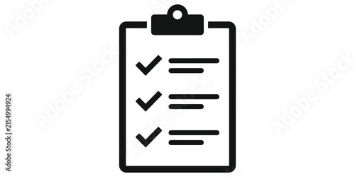 Black clipboard icon with checkmarks representing completed tasks and survey results in a professional minimalist flat business style.