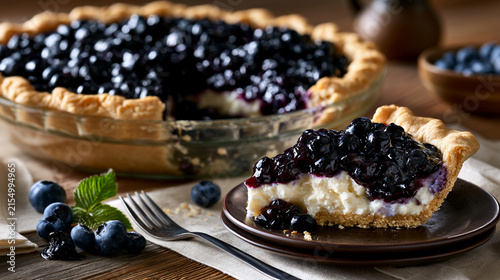 A delicious slice of creamy blueberry cheesecake pie on a plate with fresh blueberries and a fork