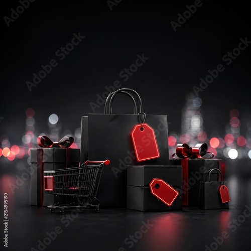 Black shopping bags and gift boxes with tiny metal cart for seasonal retail holiday sales promotion