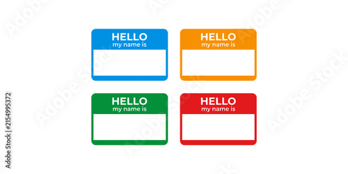 Four colorful name tag stickers with hello my name is text and space for writing.