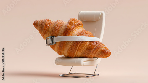 Croissant buckled into a small airplane seat, humorously representing aviation travel, safety regulations, and the importance of securing items during a flight
