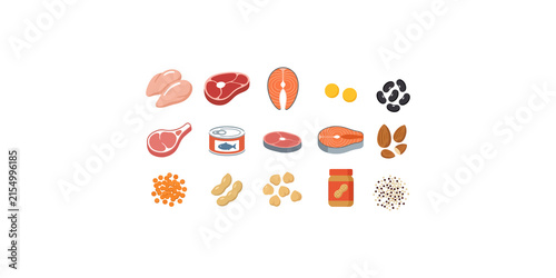 Assortment of healthy foods including raw meat, fish, nuts, beans, and canned salmon on transparent background.